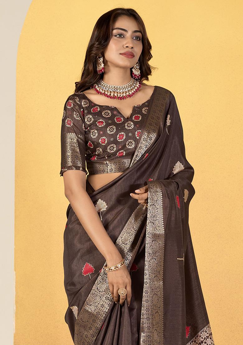 Brown Printed Silk Sarees