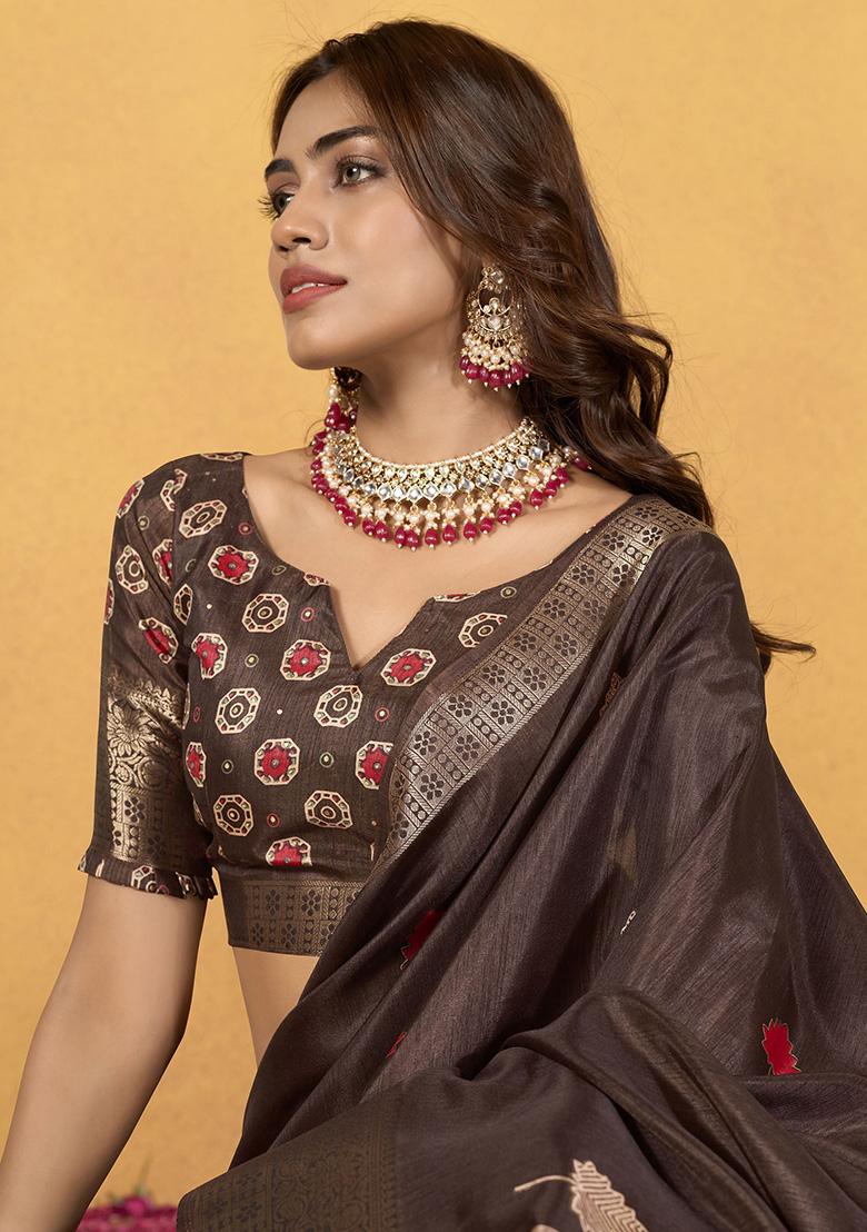 Brown Printed Silk Sarees
