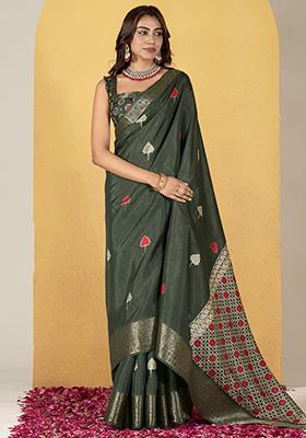 Green Printed Silk Sarees