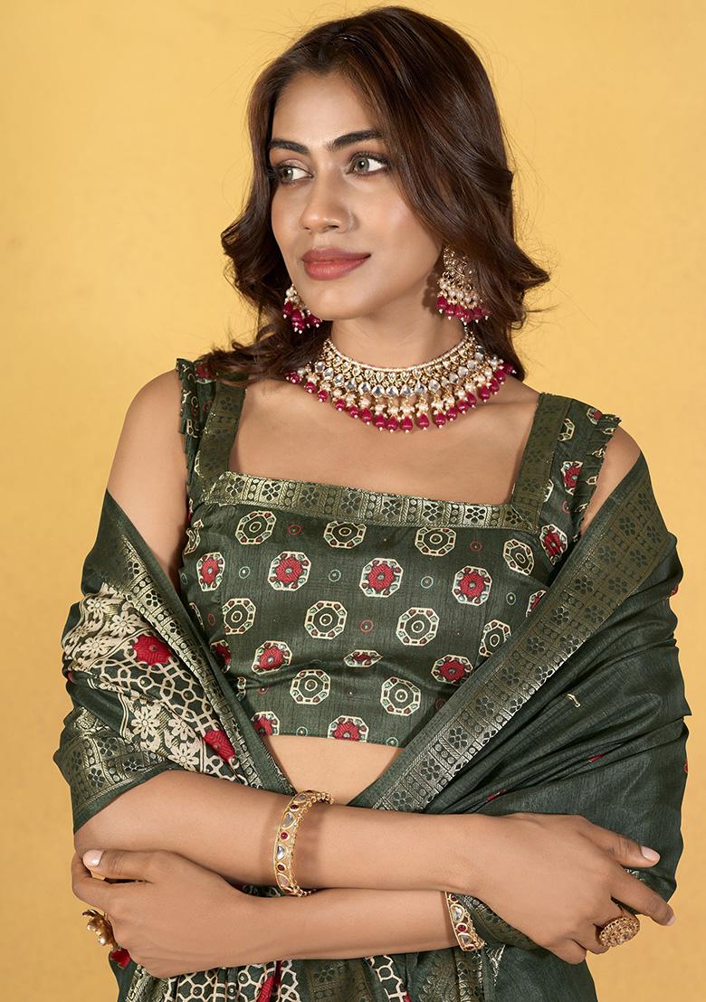 Green Printed Silk Sarees