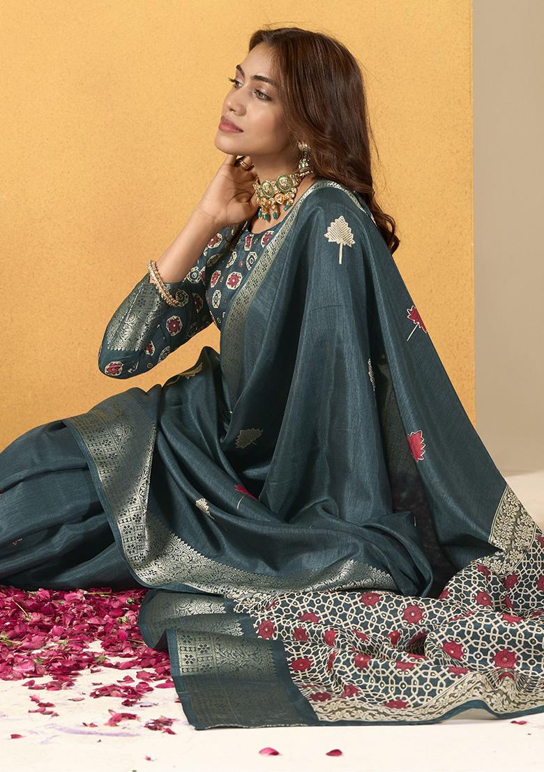 Blue Printed Silk Sarees