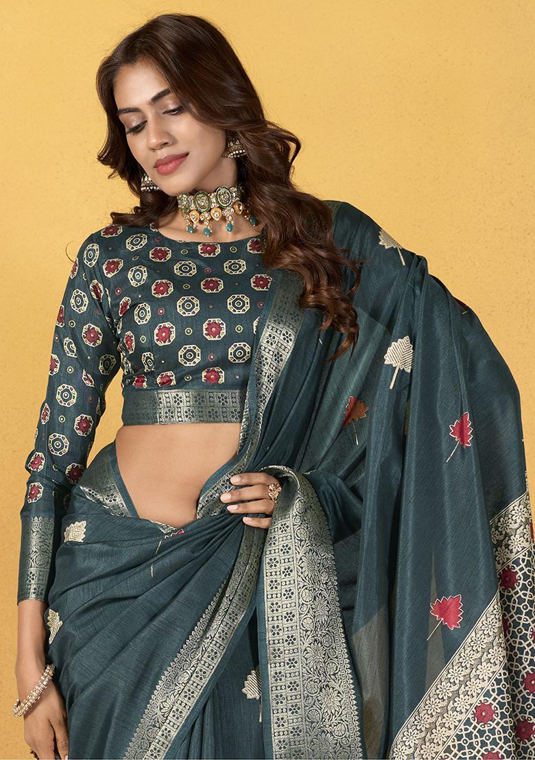 Blue Printed Silk Sarees