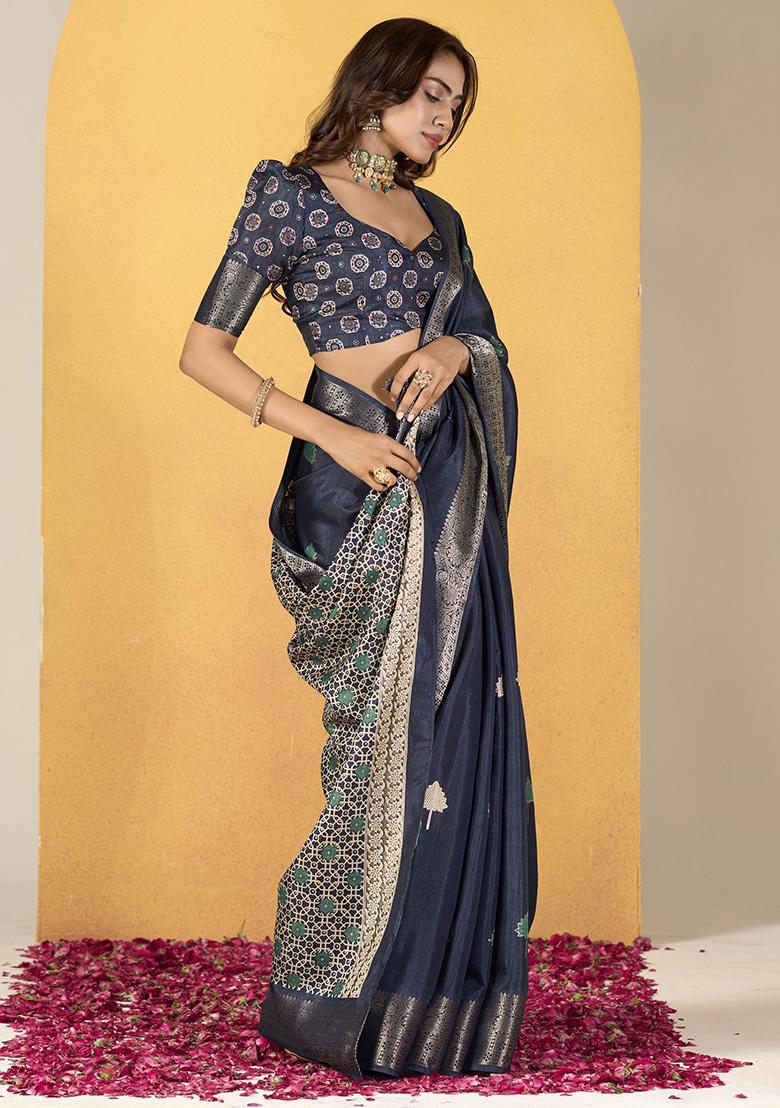 Blue Printed Silk Sarees
