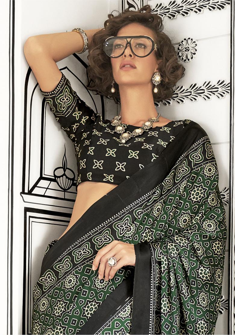 Green Printed Satin Sarees