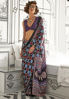 Black Printed Satin Sarees