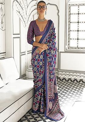 Blue Printed Satin Sarees