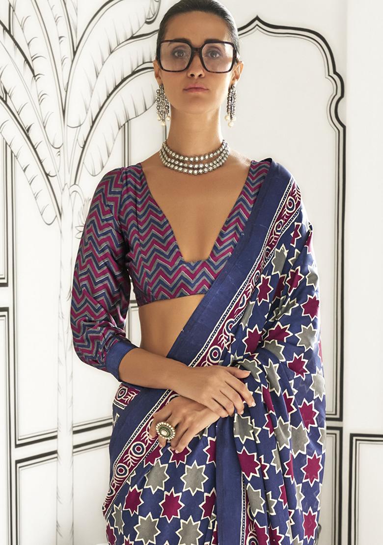 Blue Printed Satin Sarees