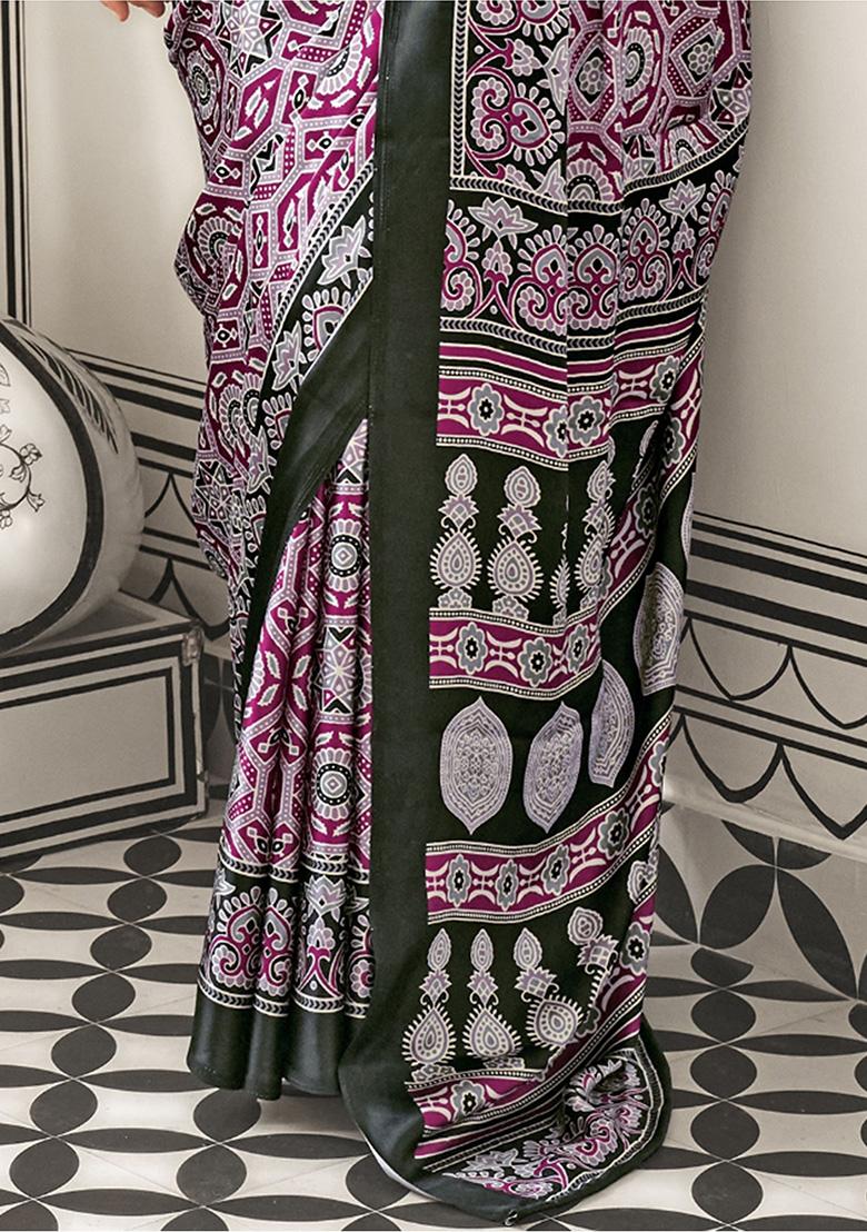 Purple Printed Satin Sarees