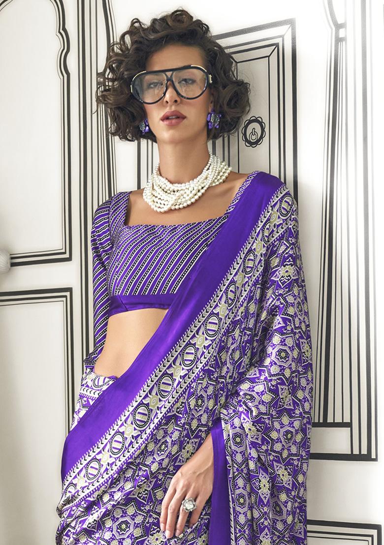 Purple Printed Satin Sarees
