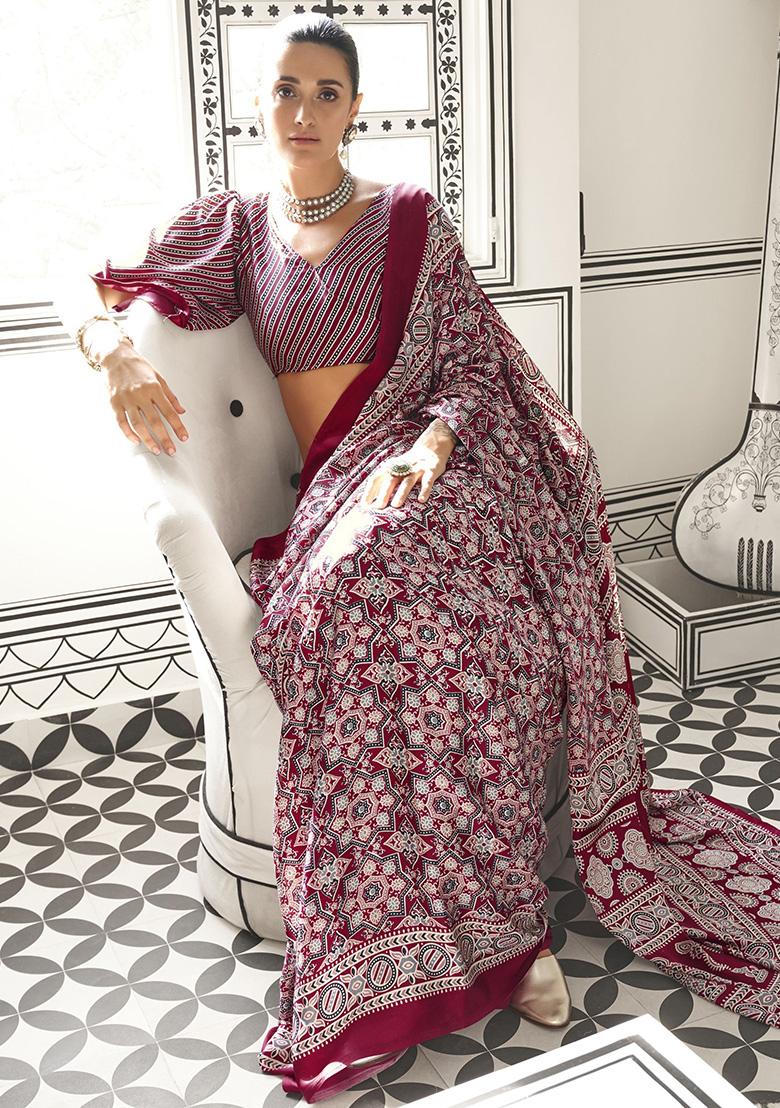 Maroon Printed Satin Sarees