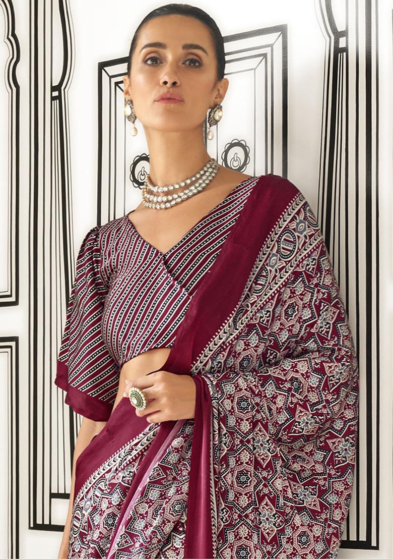 Maroon Printed Satin Sarees