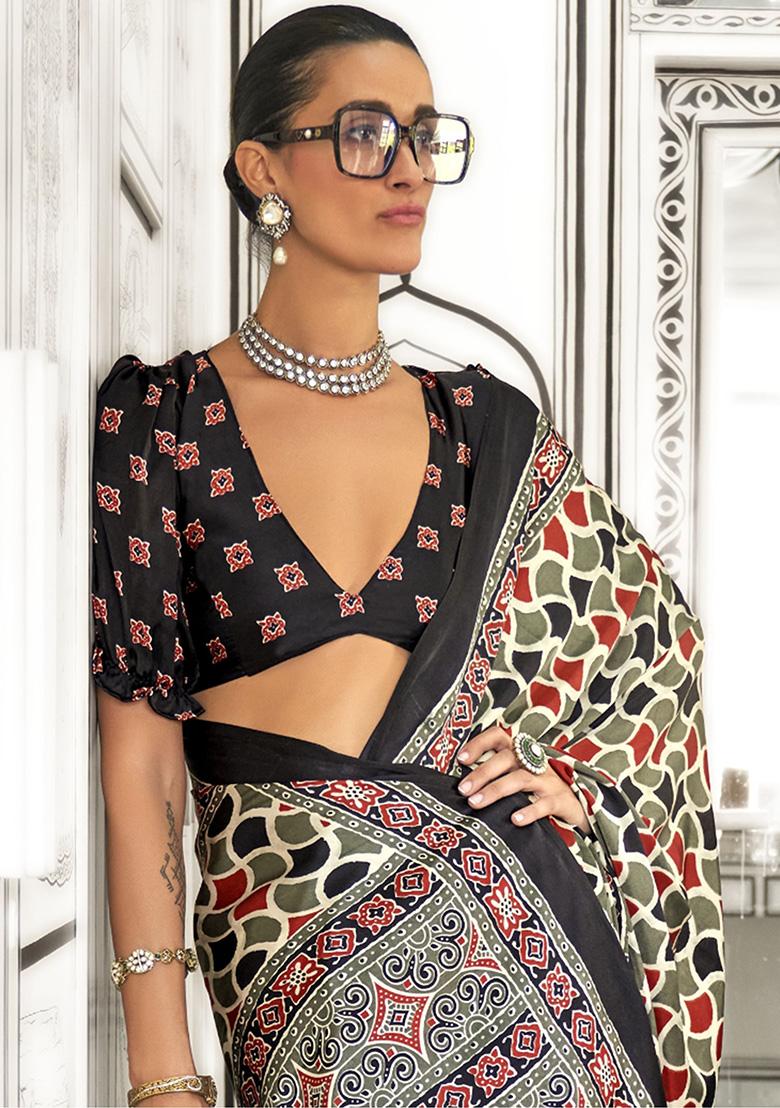 Green Printed Satin Sarees