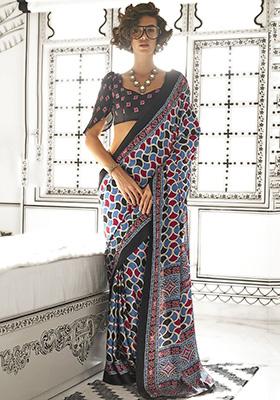 Sky Blue Printed Satin Sarees