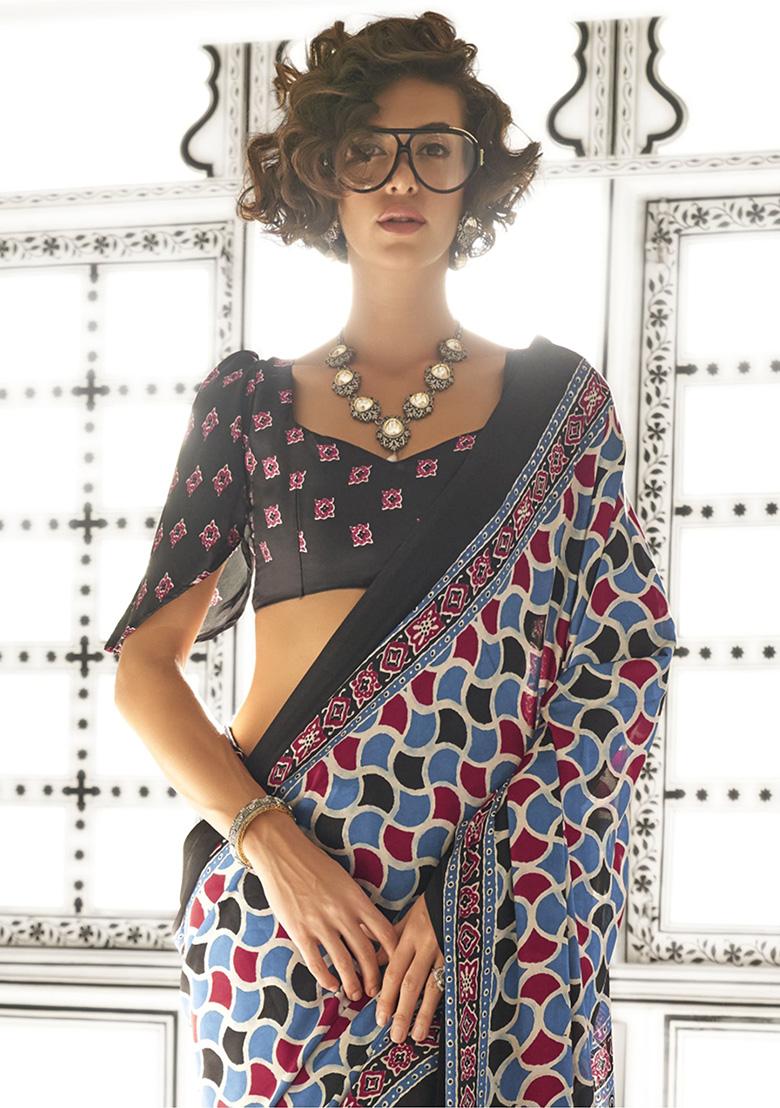 Sky Blue Printed Satin Sarees