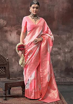 Peach Zari Weaving Silk Sarees