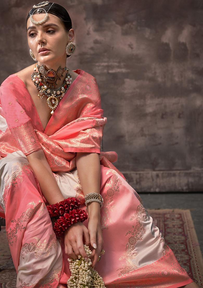 Peach Zari Weaving Silk Sarees
