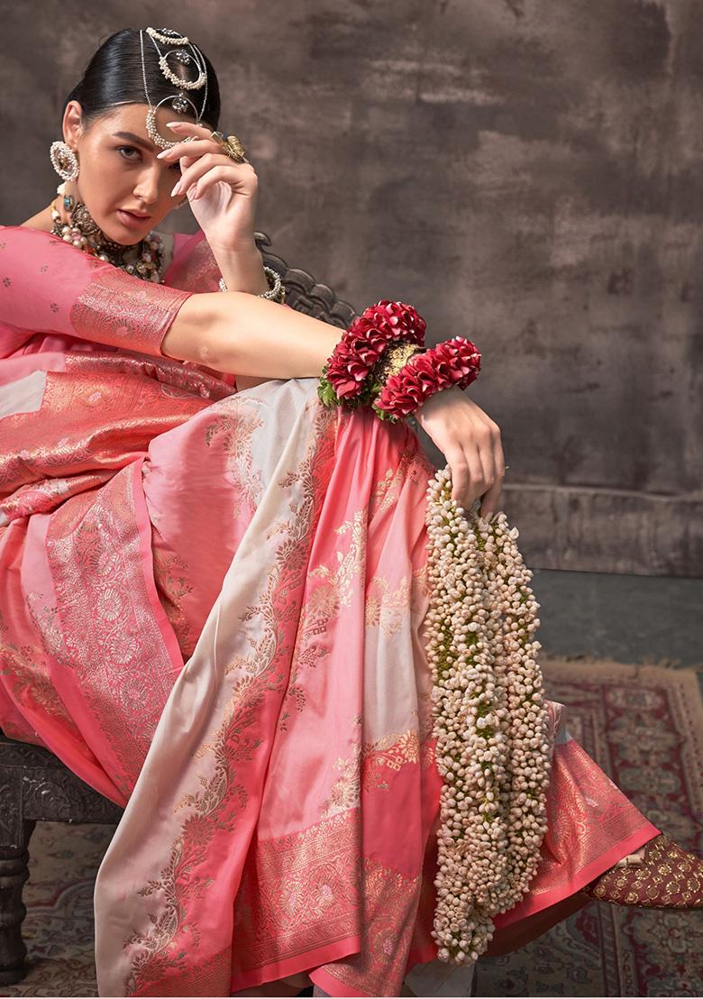 Peach Zari Weaving Silk Sarees