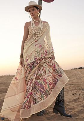 Cream Printed Linen Sarees