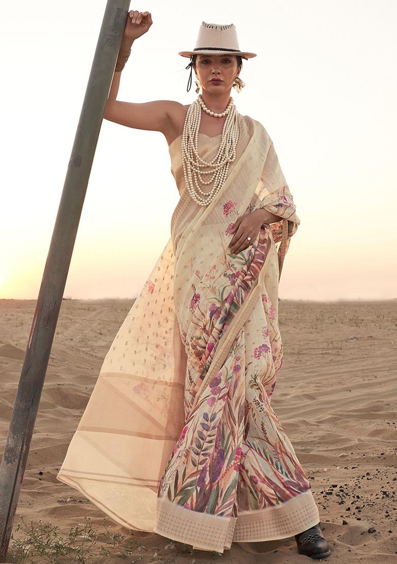 Cream Printed Linen Sarees