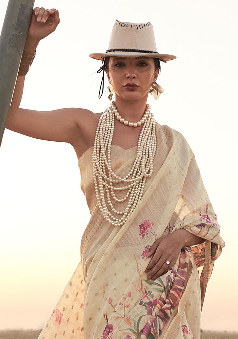 Cream Printed Linen Sarees