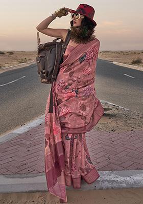 Pink Printed Linen Sarees