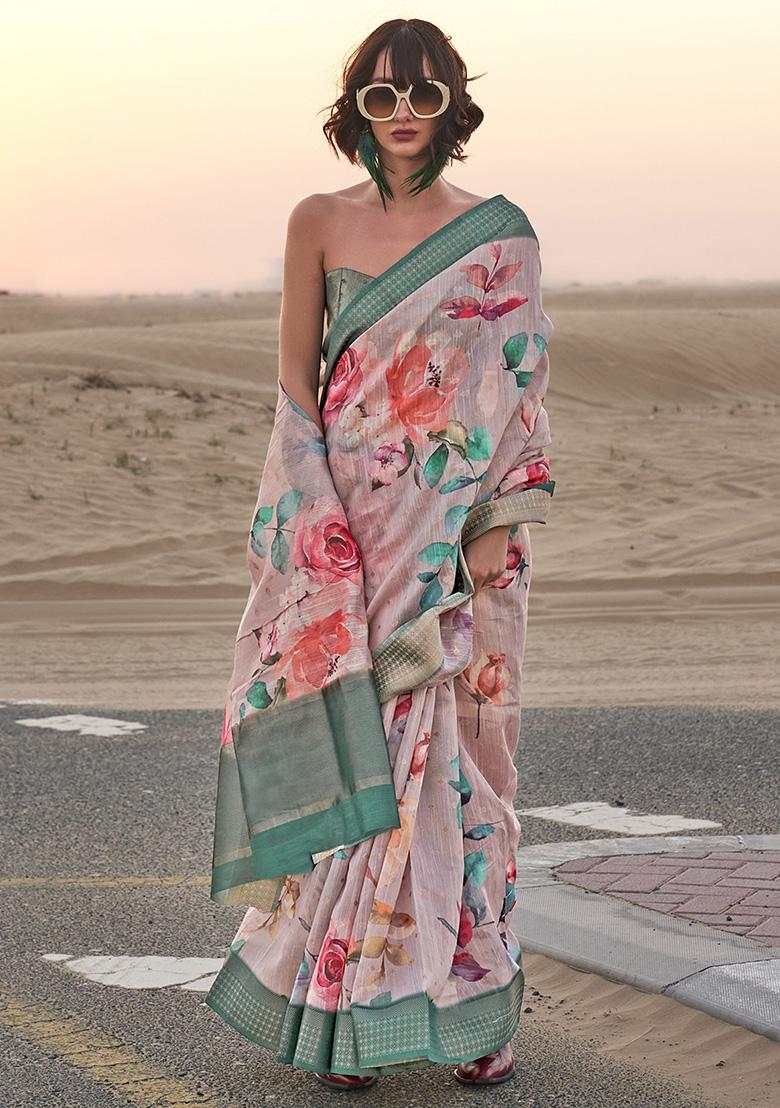 Pink Printed Linen Sarees