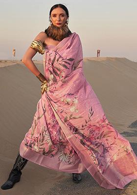 Pink Printed Linen Sarees
