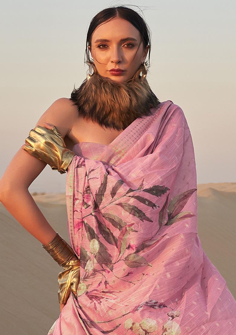 Pink Printed Linen Sarees