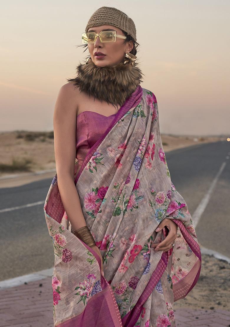 Grey Printed Linen Sarees