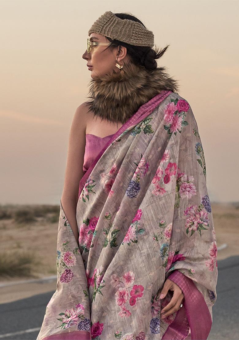 Grey Printed Linen Sarees