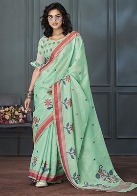 Green Floral Print Linen Sarees
