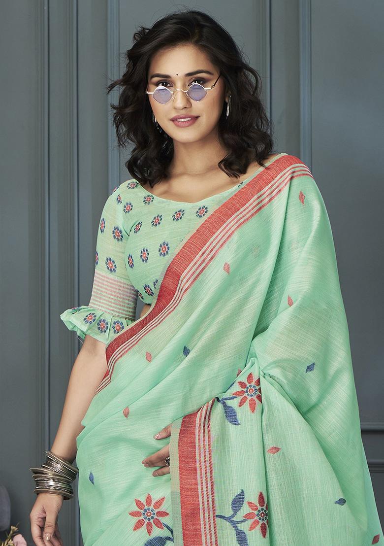 Green Floral Print Linen Sarees