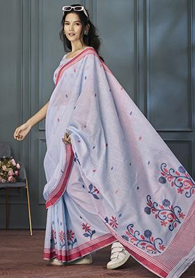 Sky Blue Floral Print Linen Sarees