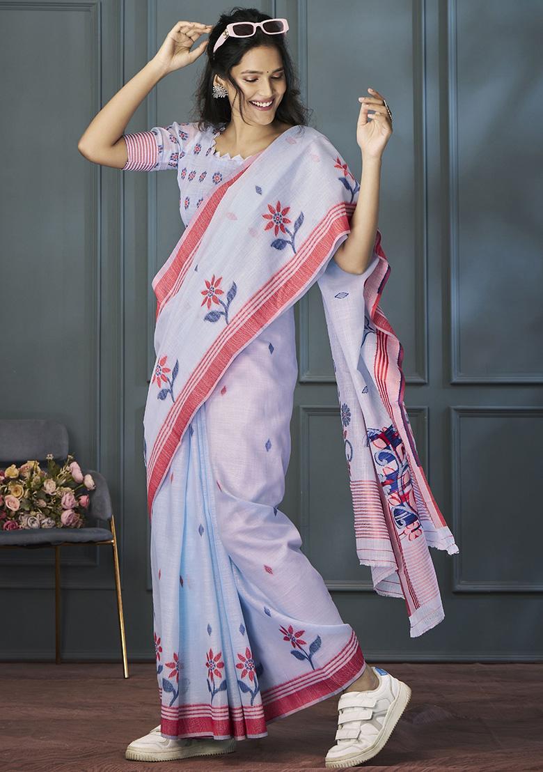 Sky Blue Floral Print Linen Sarees