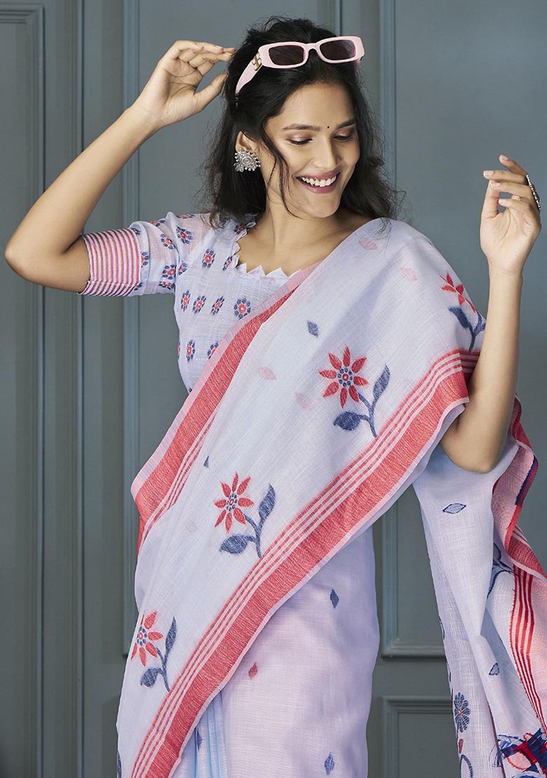 Sky Blue Floral Print Linen Sarees
