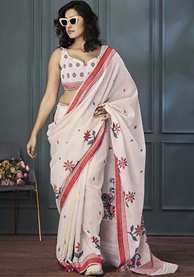 Peach Floral Print Linen Sarees