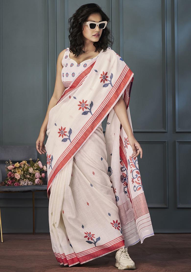 Peach Floral Print Linen Sarees