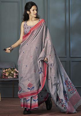Grey Floral Print Linen Sarees