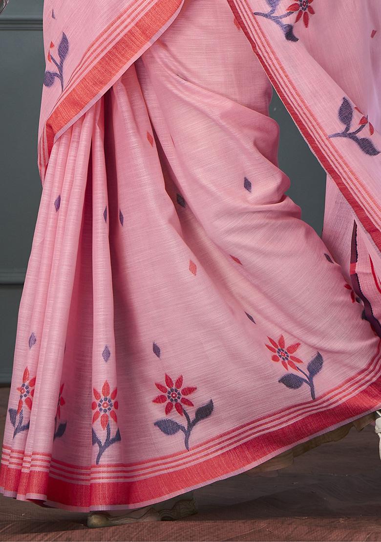 Pink Floral Print Linen Sarees