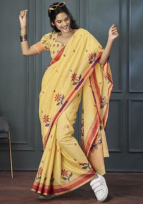Yellow Floral Print Linen Sarees