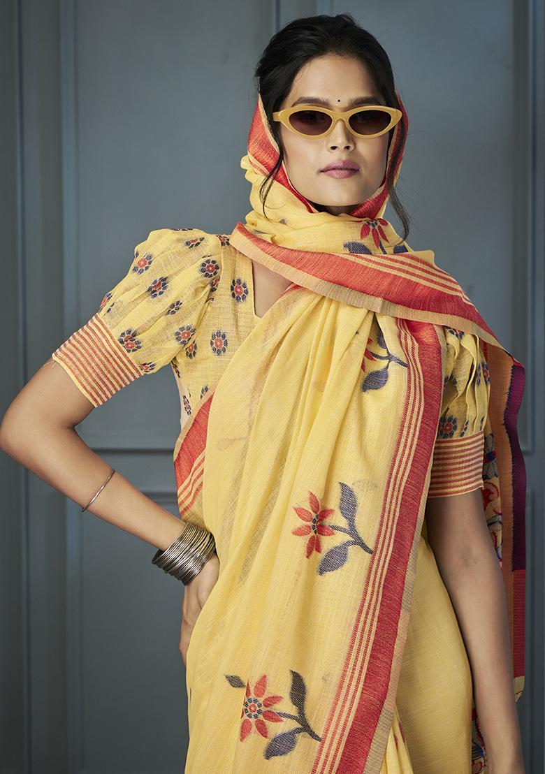 Yellow Floral Print Linen Sarees