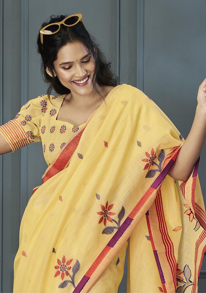 Yellow Floral Print Linen Sarees