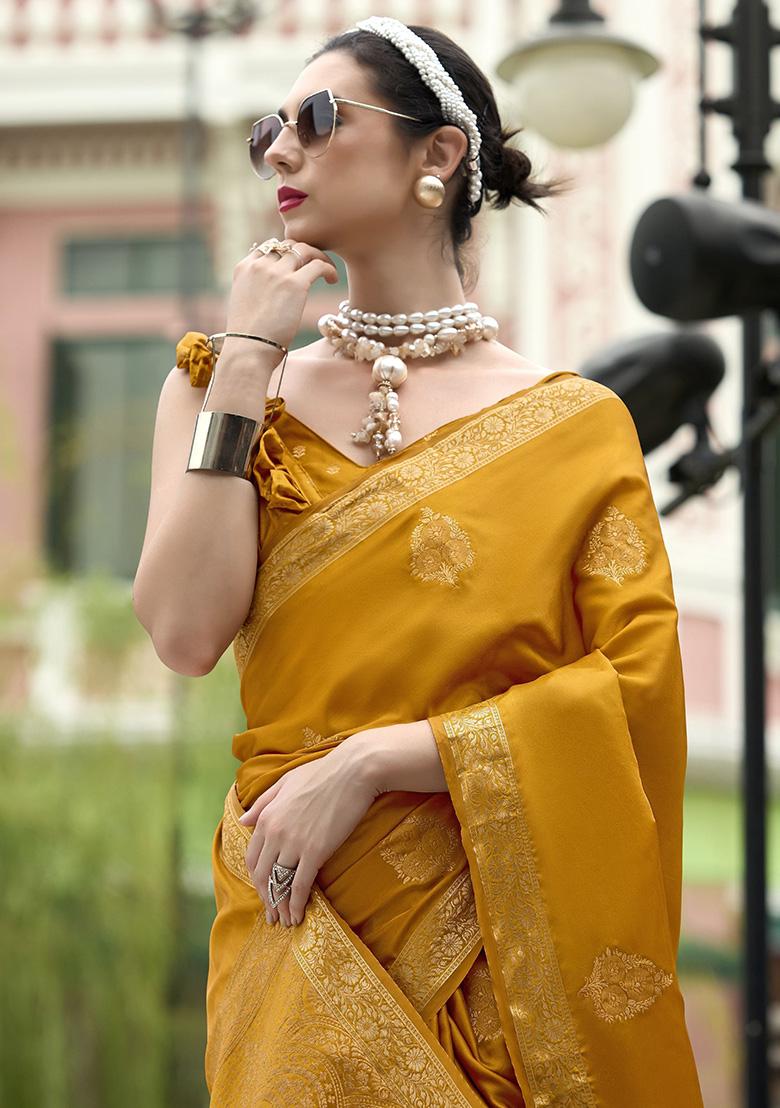 Yellow Zari Weaving Satin Sarees