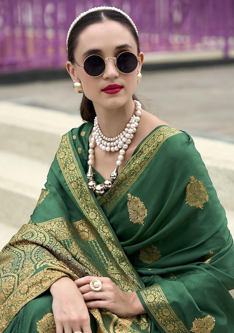 Green Zari Weaving Satin Sarees