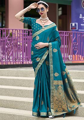 Blue Zari Weaving Satin Sarees