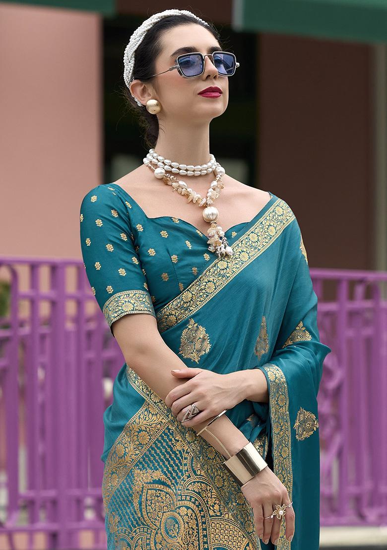 Blue Zari Weaving Satin Sarees