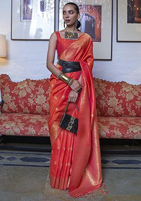 Orange Zari Weaving Silk Sarees