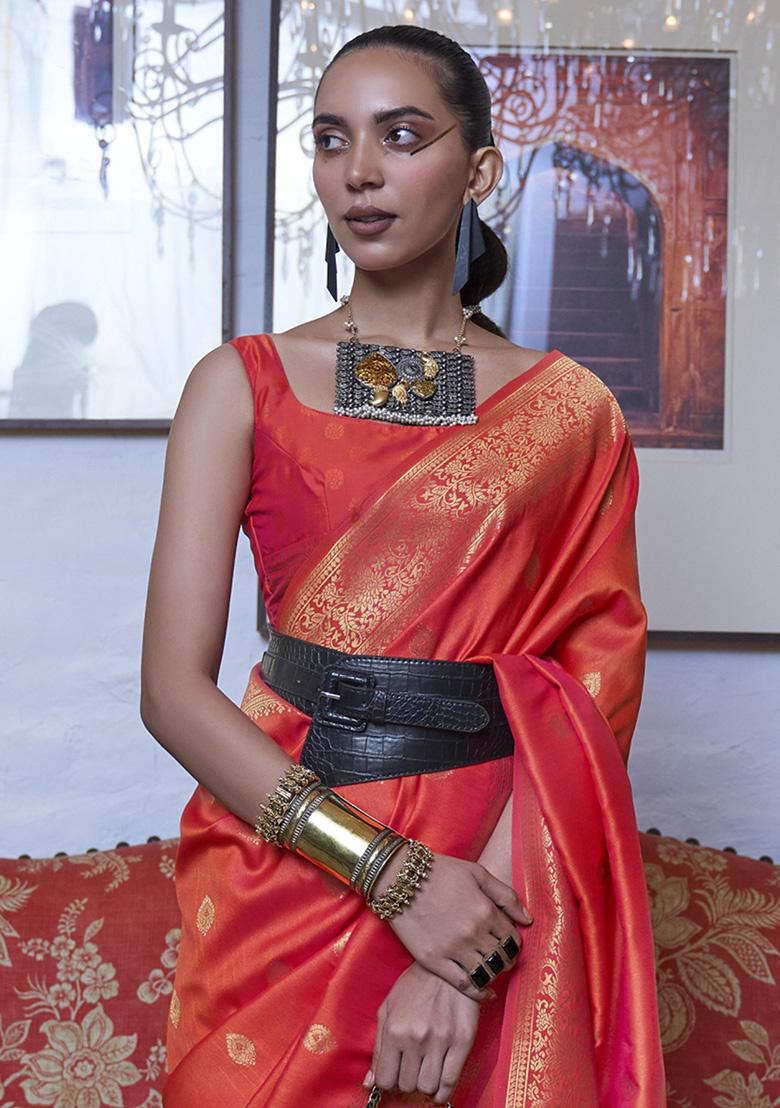 Orange Zari Weaving Silk Sarees