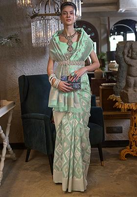 Green Zari Weaving Linen Sarees