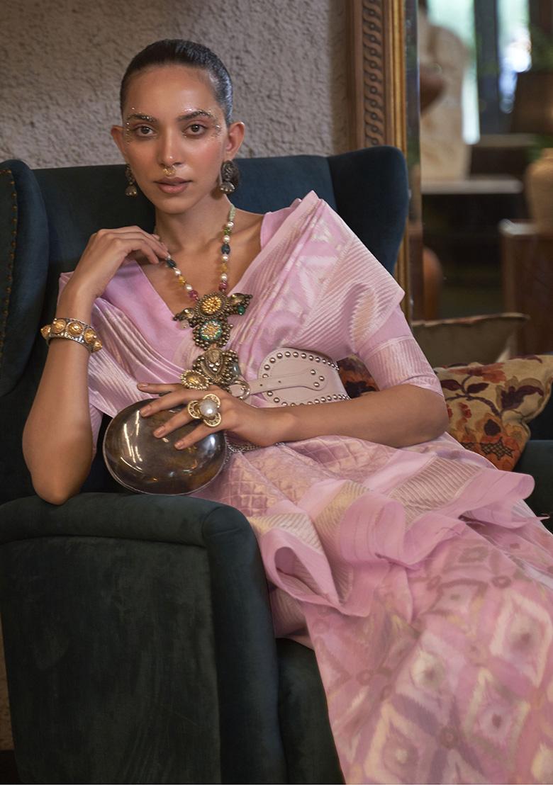 Pink Zari Weaving Linen Sarees